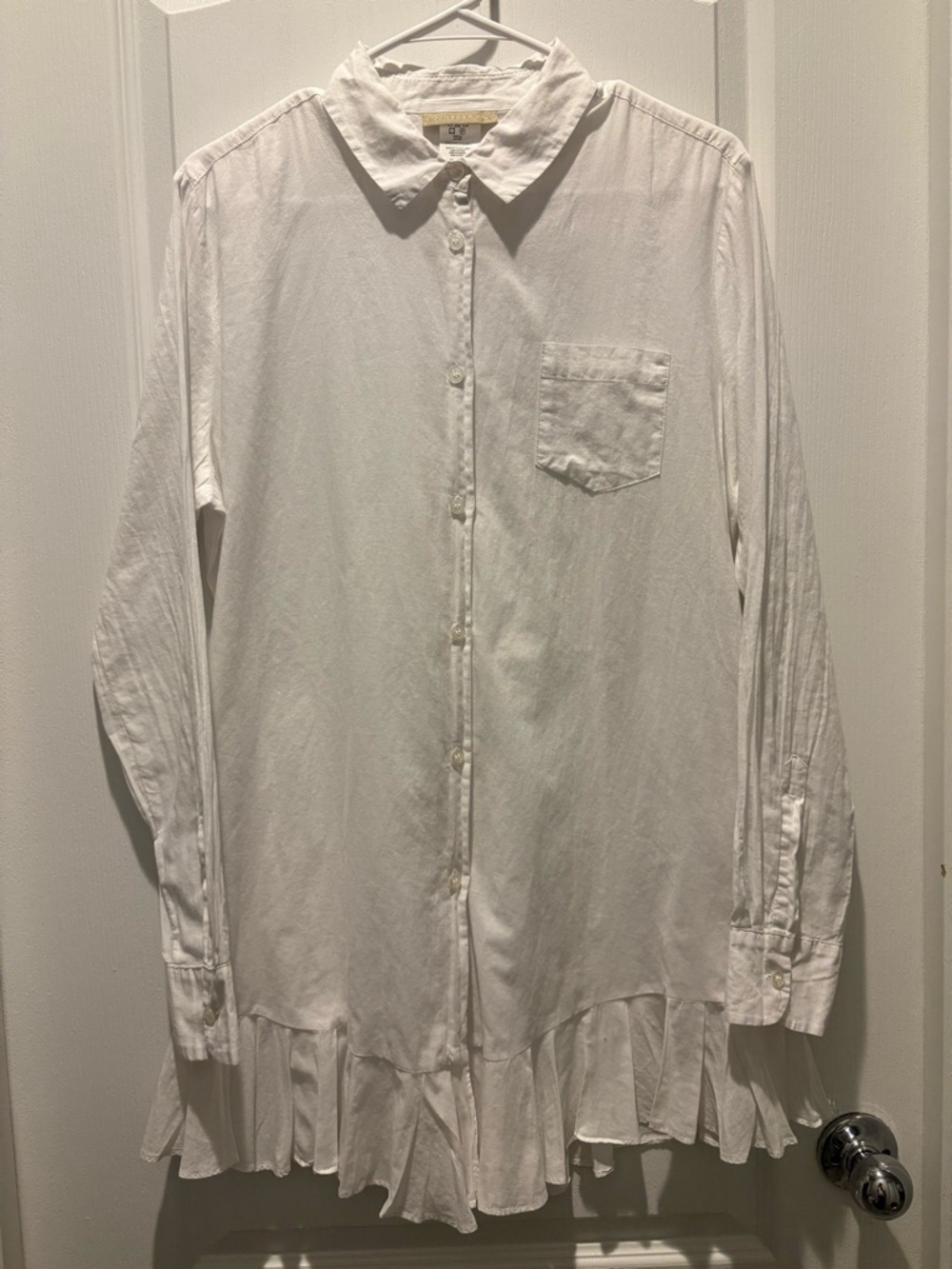 Beach house white cotton ruffle hem button-up shirt dress
